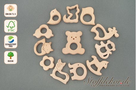 Beißanhänger Greifring Beißring Zahnungshilfe Beißspielzeug Holzbeißring Greifling Beißkette Spielkette Holzspielzeug