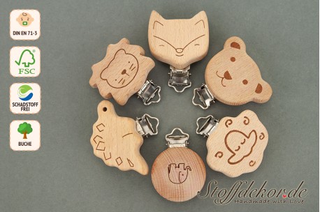 Holzclip mit Gravur Babyclip Lasergravur Schnullerclip Schnullerkettenclip Anhängerclip für Babykette Wagenkette Babyspielzeug