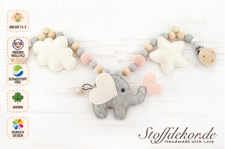 Kinderwagenkette mit Quietscher Wollfilz Häkelperlen Babykette Buggy Anhänger Spielkette Wagenkette Kinderwagen Kette Filz